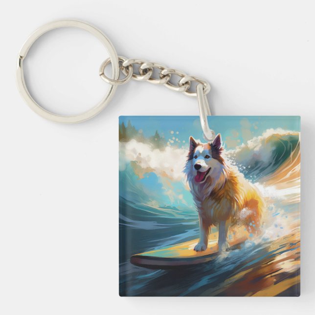 Alaskan Malamute Beach Surfing Painting  Keychain (Front)