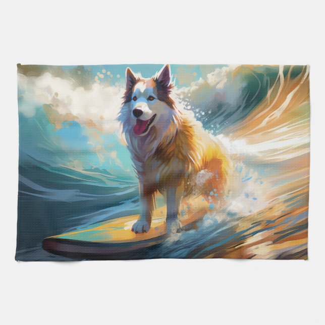 Alaskan Malamute Beach Surfing Painting  Kitchen Towel (Horizontal)