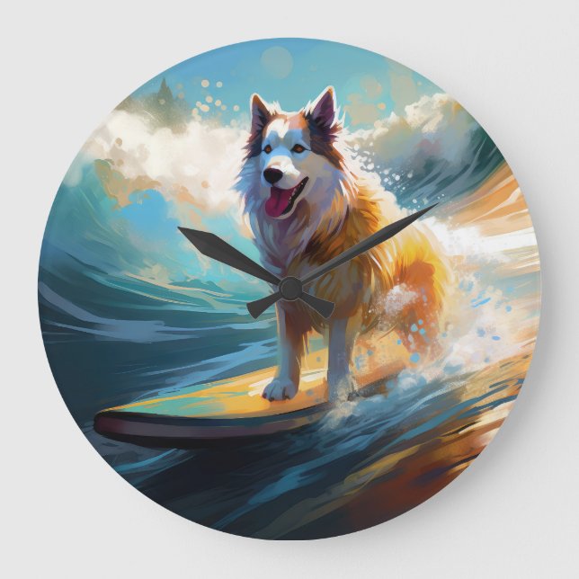Alaskan Malamute Beach Surfing Painting  Large Clock (Front)