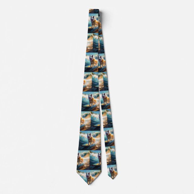 Alaskan Malamute Beach Surfing Painting  Neck Tie (Front)