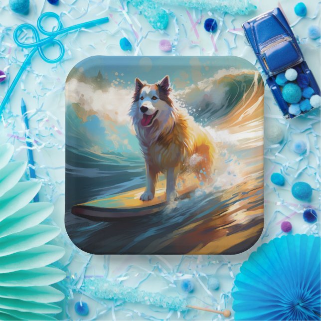 Alaskan Malamute Beach Surfing Painting  Paper Plates (Party)