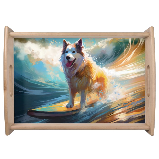 Alaskan Malamute Beach Surfing Painting  Serving Tray (Front)