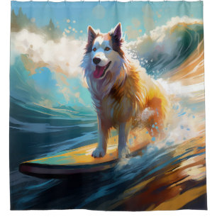 Alaskan Malamute Beach Surfing Painting  Shower Curtain