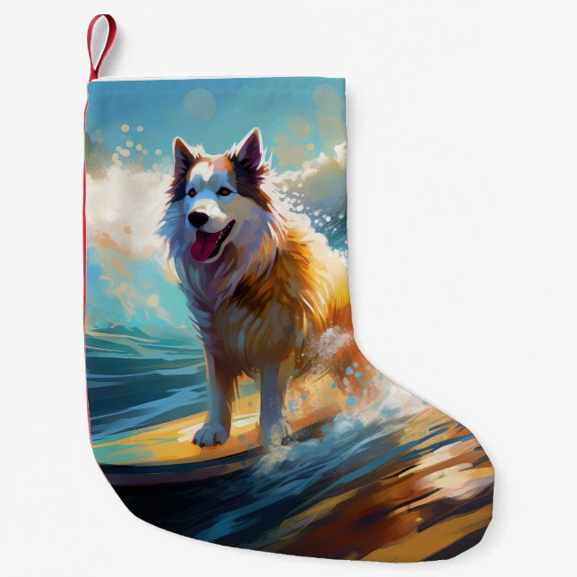 Alaskan Malamute Beach Surfing Painting  Small Christmas Stocking (Front)