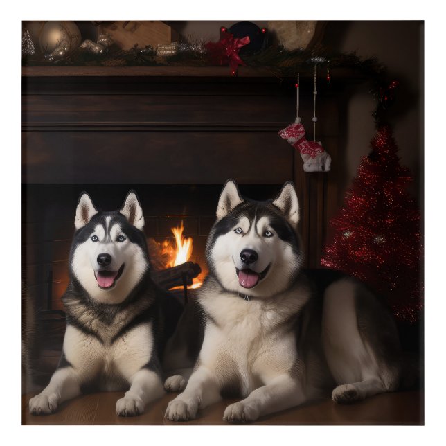 Alaskan Malamute by the Fireplace Christmas Acrylic Print (Front)