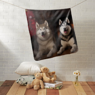 Alaskan Malamute by the Fireplace Christmas Baby Blanket