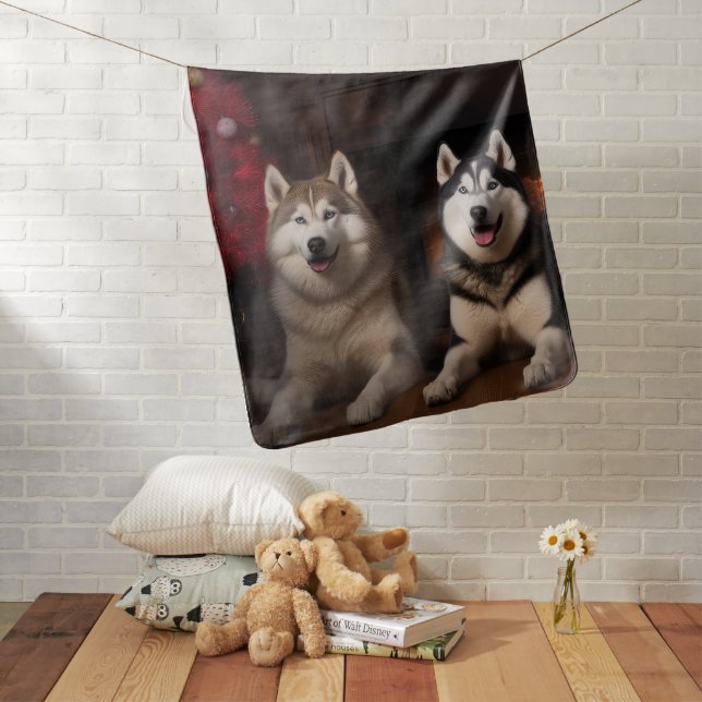 Alaskan Malamute by the Fireplace Christmas Baby Blanket (In Situ)