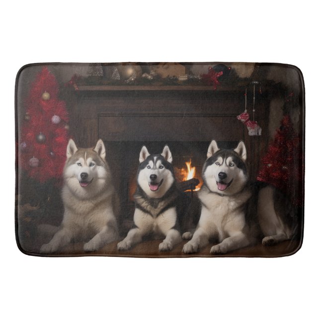 Alaskan Malamute by the Fireplace Christmas Bath Mat (Front)