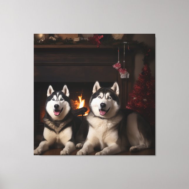 Alaskan Malamute by the Fireplace Christmas Canvas Print (Front)