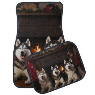 Alaskan Malamute by the Fireplace Christmas Car Floor Mat