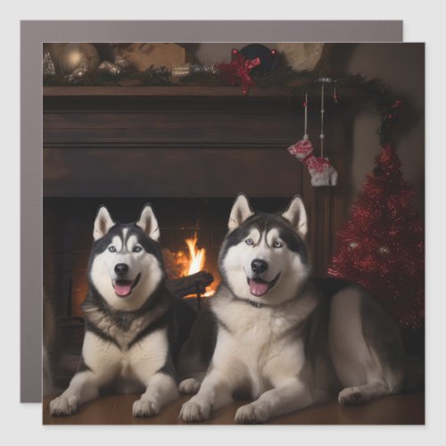 Alaskan Malamute by the Fireplace Christmas Car Magnet