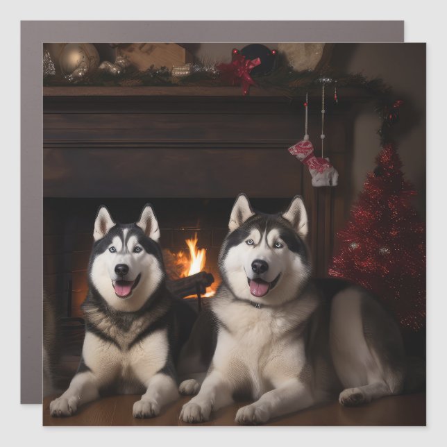Alaskan Malamute by the Fireplace Christmas Car Magnet (Front)