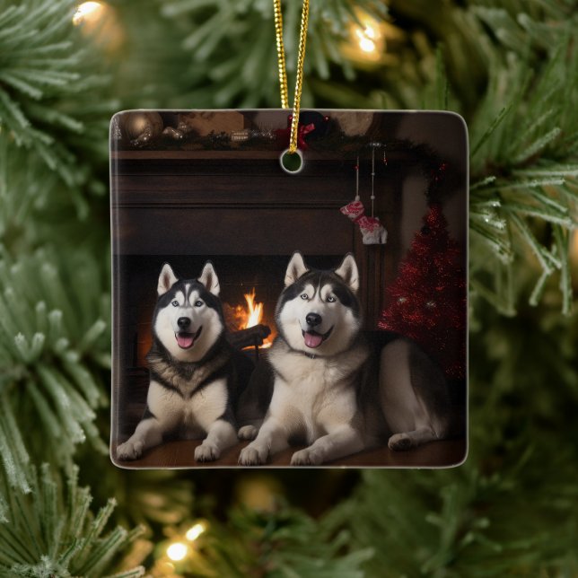 Alaskan Malamute by the Fireplace Christmas Ceramic Ornament (Tree)