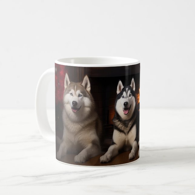Alaskan Malamute by the Fireplace Christmas Coffee Mug (Front Left)