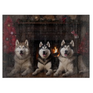 Alaskan Malamute by the Fireplace Christmas Cutting Board