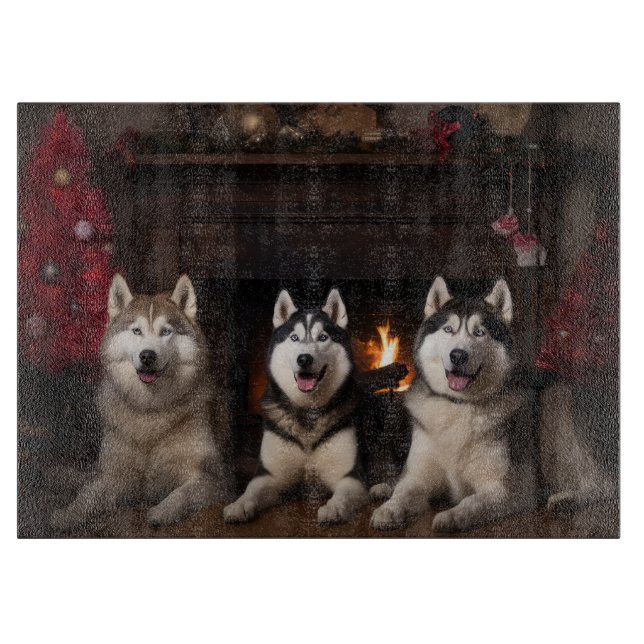 Alaskan Malamute by the Fireplace Christmas Cutting Board (Front)