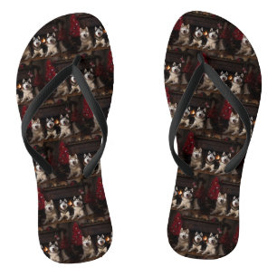 Alaskan Malamute by the Fireplace Christmas Flip Flops