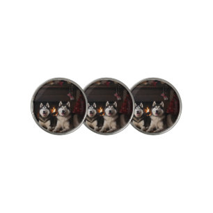 Alaskan Malamute by the Fireplace Christmas Golf Ball Marker