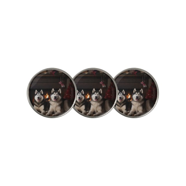 Alaskan Malamute by the Fireplace Christmas Golf Ball Marker (3 Up)