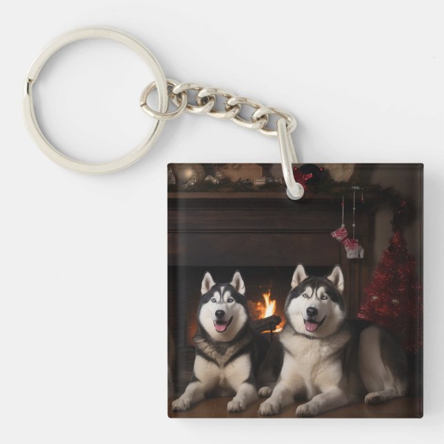 Alaskan Malamute by the Fireplace Christmas Keychain (Front)