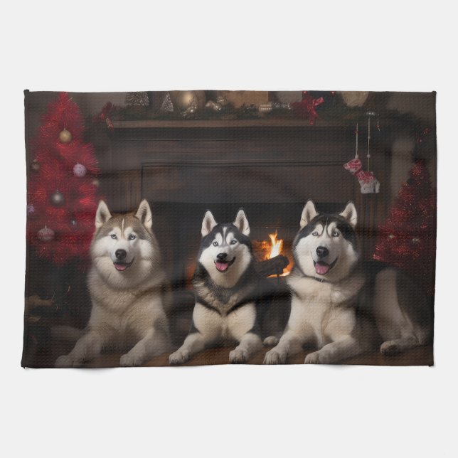 Alaskan Malamute by the Fireplace Christmas Kitchen Towel (Horizontal)