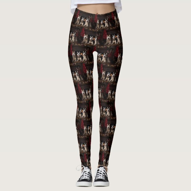 Alaskan Malamute by the Fireplace Christmas Leggings (Front)