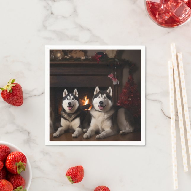 Alaskan Malamute by the Fireplace Christmas Napkins (Insitu)