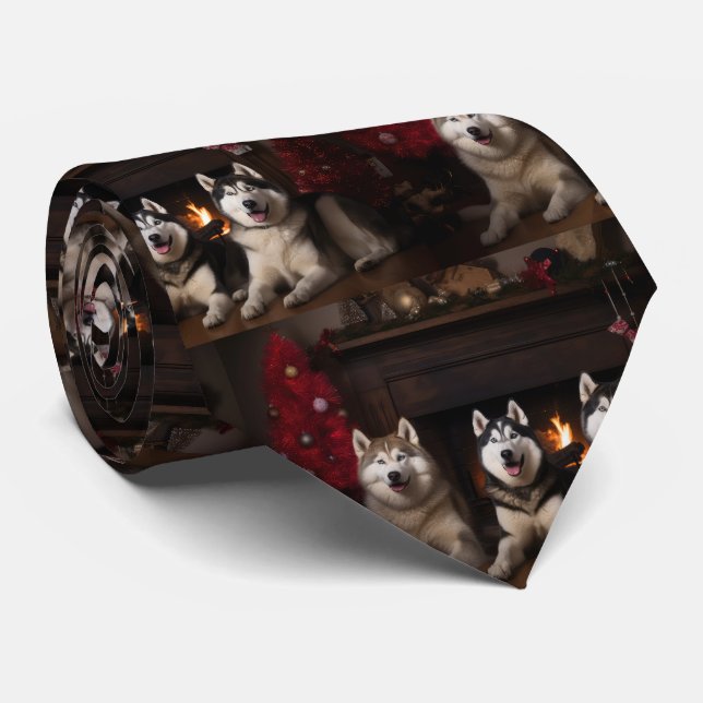 Alaskan Malamute by the Fireplace Christmas Neck Tie (Rolled)