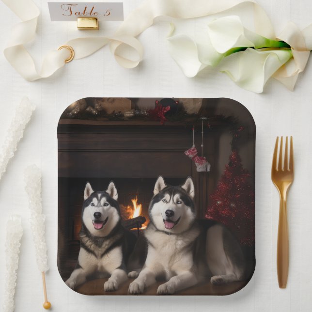 Alaskan Malamute by the Fireplace Christmas Paper Plates (Wedding)