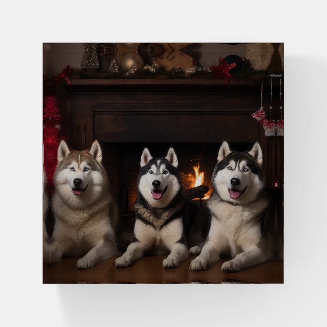 Alaskan Malamute by the Fireplace Christmas Paperweight (Front)