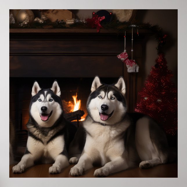 Alaskan Malamute by the Fireplace Christmas Poster (Front)