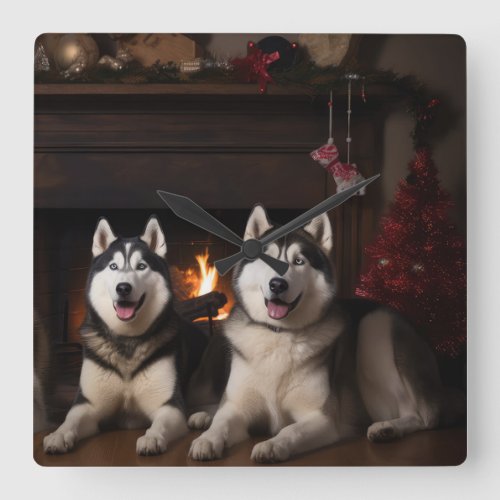 Alaskan Malamute by the Fireplace Christmas Square Wall Clock