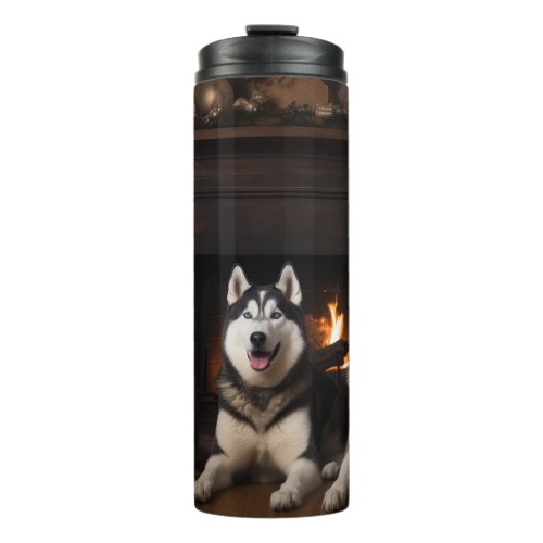 Alaskan Malamute by the Fireplace Christmas Thermal Tumbler