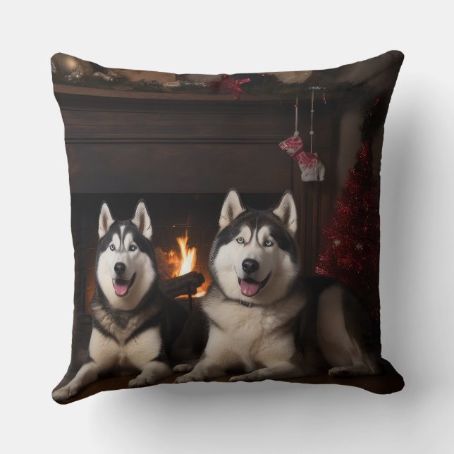 Alaskan Malamute by the Fireplace Christmas Throw Pillow (Back)