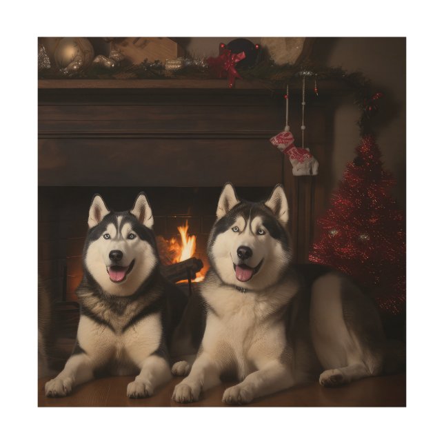 Alaskan Malamute by the Fireplace Christmas Wood Wall Art (Front)