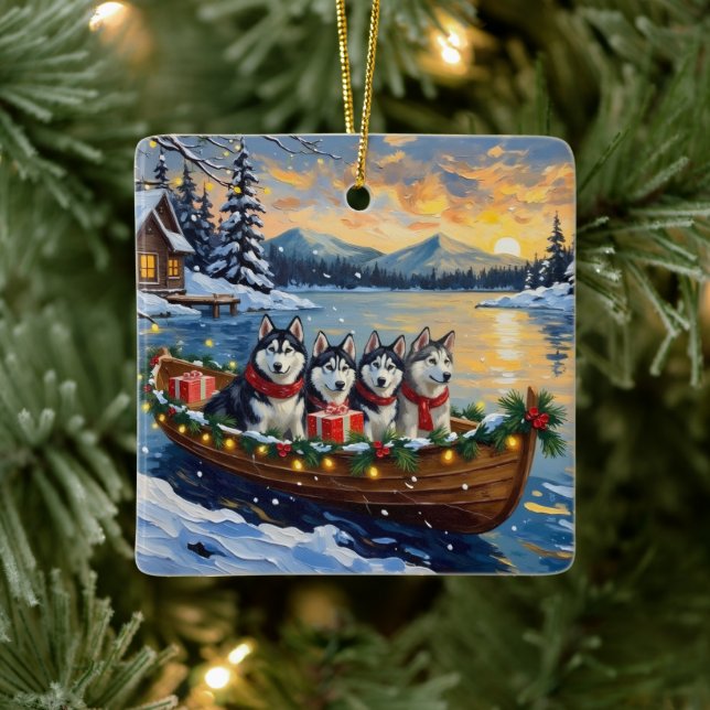 Alaskan Malamute Christmas Boat Holiday Ceramic Ornament (Tree)