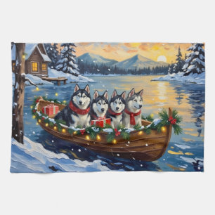 Alaskan Malamute Christmas Boat Holiday Kitchen Towel