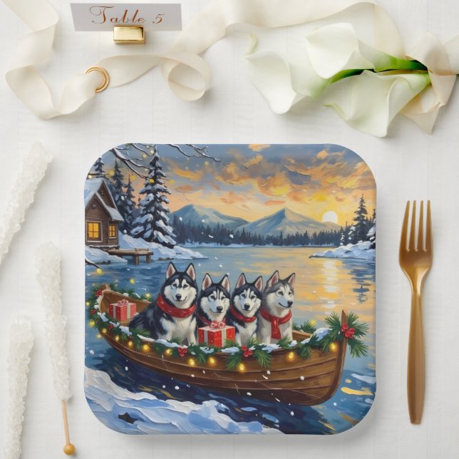 Alaskan Malamute Christmas Boat Holiday Paper Plates (Wedding)