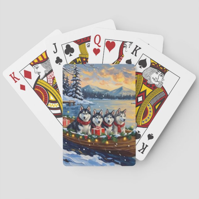 Alaskan Malamute Christmas Boat Holiday Poker Cards (Back)