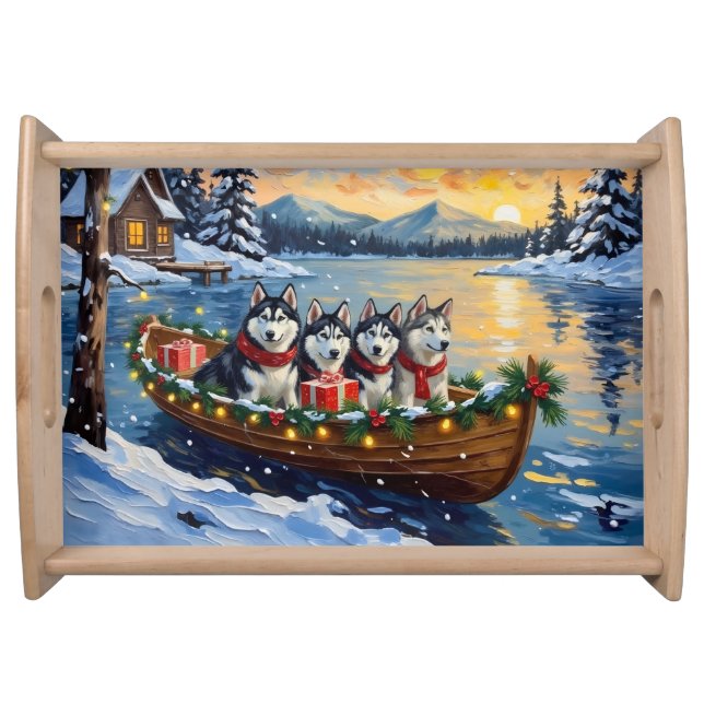 Alaskan Malamute Christmas Boat Holiday Serving Tray (Front)