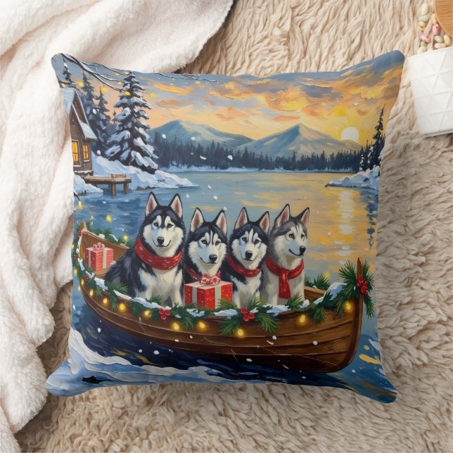 Alaskan Malamute Christmas Boat Holiday Throw Pillow (Blanket)