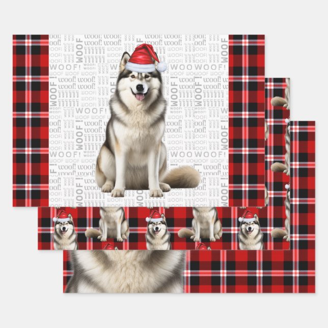 Alaskan Malamute Christmas Dog Red Holiday Plaid Wrapping Paper Sheets (Set)