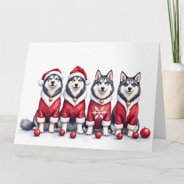Alaskan Malamute Christmas Dress Santa Hat Card (Front)