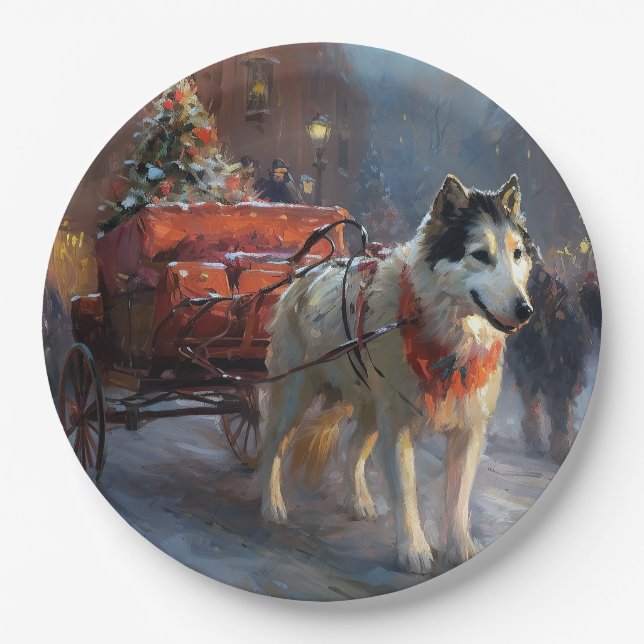 Alaskan Malamute Christmas Festive Season Paper Plates (Front)
