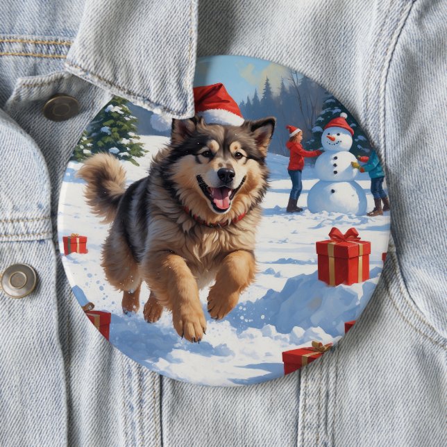Alaskan Malamute Christmas Festive Snow Scene Button (In Situ)
