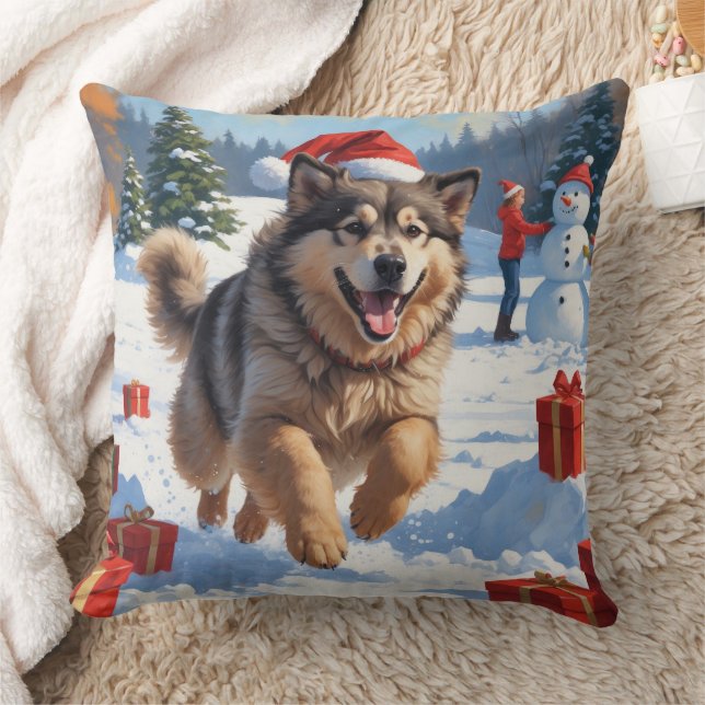 Alaskan Malamute Christmas Festive Snow Scene Throw Pillow (Blanket)
