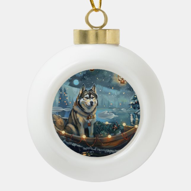 Alaskan Malamute Christmas Festive Voyage Ceramic Ball Christmas Ornament (Front)