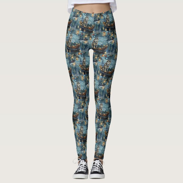 Alaskan Malamute Christmas Festive Voyage Leggings (Front)