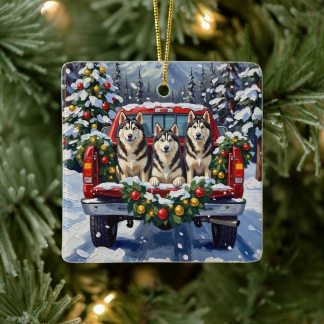 Alaskan Malamute Christmas Red Truck Holiday Ceramic Ornament (Tree)