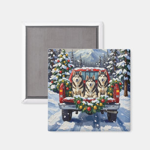 Alaskan Malamute Christmas Red Truck Holiday Magnet
